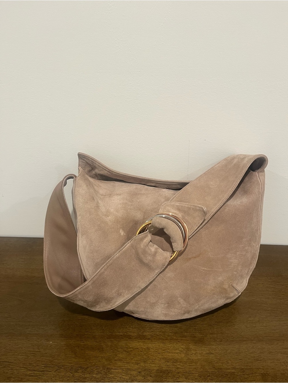 Cartier Suede Shoulder Hobo Bag in Taupe with Ring Detail